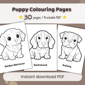 May include: A set of 30 printable puppy coloring pages in PDF format. The document features black and white line art illustrations of a Golden Retriever, a Dachshund, and a Bulldog puppy, each labeled with its respective breed name below the image.