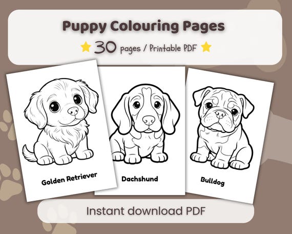 Puppy Coloring Pages, 30 Printable Sheets (PDF Download A4/Letter Size)