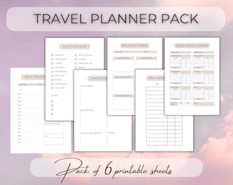 Paquete de planificador de viajes con itinerario, lista de verificación diaria, de vuelos y de viajes, informe de fin de día y planificador de viajes financiero. Imprimible estético.