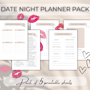 May include: A set of 5 printable date night planner sheets. The sheets include a date night schedule, date ideas, alphabet dating, date night dinners, and date night details. The design includes pink lipstick kiss marks and hearts.