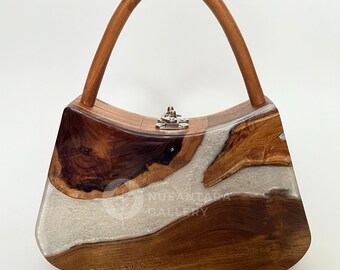 Nusantara Armora Teakwood Top Handle Bag, Premium Wooden Handbag Mixed With Epoxy Resin, Vintage Evening Bag, Wooden Clutch, Gift for her