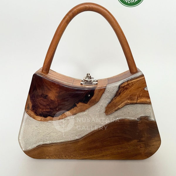 Nusantara Armora Teakwood Top Handle Bag, Premium Wooden Handbag With Epoxy Resin, Vintage Evening Bag, Wooden Clutch, Gift for her