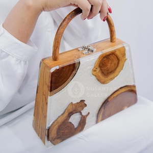 Nusantara Cari Handmade Wooden Teakwood Handbag, Top Handle Bag with Epoxy Resin, Women Fashion Handbag, Christmas Gift, Anniversary Gift