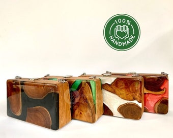 Nusantara Minnie Handmade Premium Wooden Teakwood Purse Mixed With Epoxy Resin, Shoulder Cross Body Bag, Wooden Resin Statement Handbag