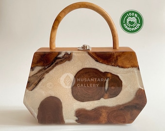 Nusantara Sienna Wooden Teakwood Handbag Mixed With Epoxy Resin, Top Handle Bag,  Handbag, Vintage Purse, Summer Handbag