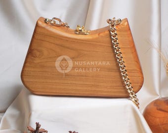 Nusantara Wendy Wooden Teakwood Handbag, Women's Shoulder Crossbody Bag, Wooden Bag, Evening Handbag, Crossbody Bag