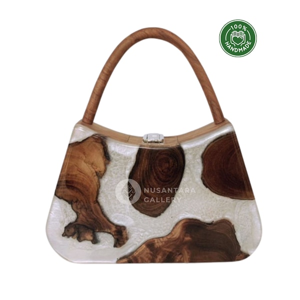 Nusantara Armora Handmade Wooden Handbag, Top Handle Bag with Epoxy Resin, Teakwood Shoulder Bag, Vintage Handbag, Women Gift