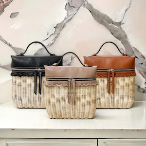 Nusantara Khai Rattan Leather Bag, Newest Women&#39;s Rattan Shoulder Bag, Daily Wicker Sling Bag, Rattan Leather Woven Bags