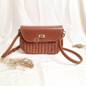 Nusantara Giana Rattan Leather Bag, Newest Women&#39;s Rattan Shoulder Bag, Daily Wicker Sling Bag, Rattan Leather Woven Bags