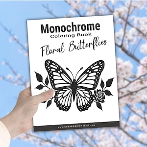 Puede incluir: Un libro para colorear monocromático titulado "Monochrome Coloring Book Floral Butterflies" presenta un diseño de mariposa en blanco y negro. El libro se sostiene sobre un fondo de cielo azul y ramas florecientes.