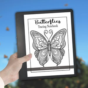 May include: A black digital tablet displaying a white page titled Butterflies Tracing Notebook. The page features a large, intricate black and white line art illustration of a butterfly with detailed patterns on its wings and a website URL at the bottom.