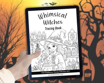 Plantilla de dibujo de bruja acogedora para Kindle Scribe: 40 páginas para colorear de Halloween (descarga en PDF con hipervínculos)