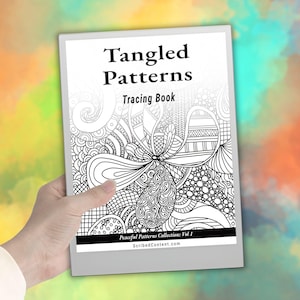 May include: A rectangular tracing book titled Tangled Patterns Tracing Book with a black and white cover featuring intricate hand-drawn abstract line art designs, including swirls, dots, and geometric shapes, with the text ScribedContent.com.