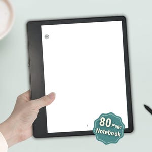 May include: A black digital tablet with a white screen displaying the text ToC in the top left corner and the number 1 at the bottom. A teal scalloped badge with the white text 80 Page Notebook is attached to the lower right corner.