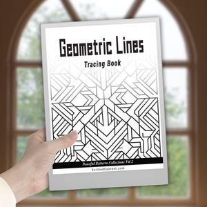 May include: A white tracing book titled Geometric Lines Tracing Book with a black and white geometric pattern on the cover. The bottom of the cover features the text Peaceful Patterns Collection: Vol 2 and the website ScribedContent.com.