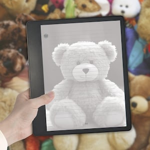 Op de afbeelding: Een zwarte digitale e-reader die een grijswaardenafbeelding van een teddybeer op een gelinieerde achtergrond weergeeft. Het scherm toont de beer gecentreerd met horizontale lijnen over het display en de tekst "ToC" linksboven.