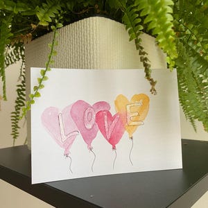 Handgefertigte Grußkarte Herz-LOVE-Luftballons | A6 Karte | Personalisiert | Aquarell-Karte