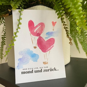 Handgefertigte Grußkarte Heißluftballons Herzen | A6 Karte | Personalisiert | Aquarell-Karte