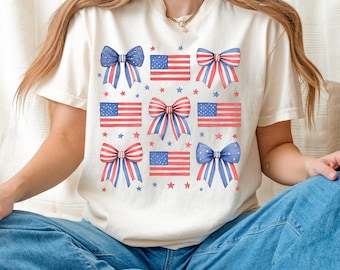 USA Bow Shirt, Comfort Colors, America Bow Tshirt for Fourth of July, Patriotic Bow Tee, Memorial Day Shirt, USA Top, July 4th Tshirt
