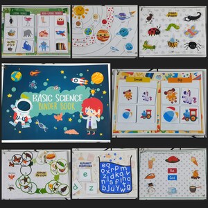 Może przedstawiać: Kolorowy segregator z tytułem "Basic Science Binder Book" na okładce. Okładka zawiera ilustracje astronauty, dziewczyny-naukowca i rakiety. Segregator zawiera strony z różnymi ćwiczeniami edukacyjnymi, takimi jak dopasowywanie przedmiotów, rozpoznawanie kolorów i nauka o Układzie Słonecznym.