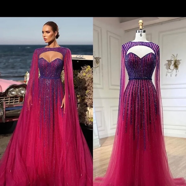 Arabic Fuchsia Cape Sleeves Luxury Beaded Evening Dresses Long Celebrity Gowns For wedding