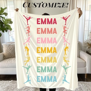 May include: A cream-colored blanket with the name "EMMA" in a rainbow of colors, repeated vertically. Silhouettes of ice skaters in matching colors are on either side of the name. The word "CUSTOMIZE!" is at the top.