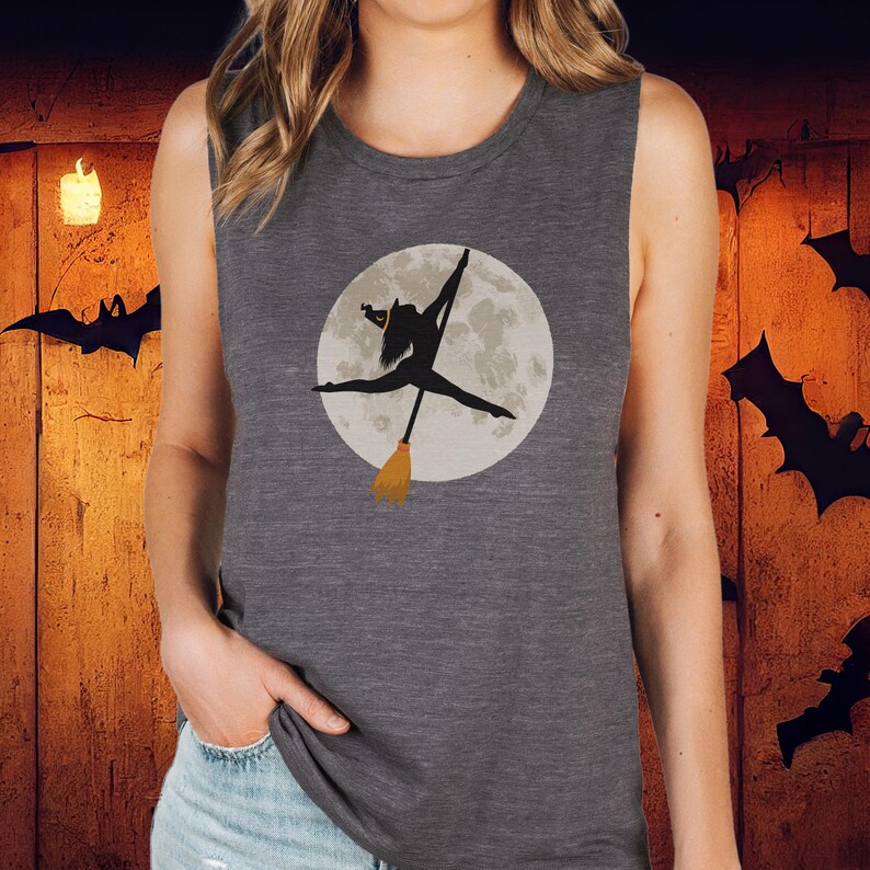 Gray Pole Dancer Halloween Tank Top. Halloween Pole Dancing Muscle Tee. Fall Halloween Pole Dancing Shirt. Gift for Pole Dancer. Sexy Witch Shirt. Sexy Halloween Top for Pole Dancer. Stripper Halloween Shirt. Halloween Tank Top Pole Instructor Shirt.