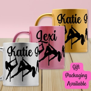 May include: Three personalized mugs with a pole dancing silhouette design. The mugs are in gold, pink, and silver. The mugs are labeled "Katie", "Lexi", and "Katie".