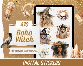 Boho Witchy Planner Stickers Digital, Witchcraft Digital Planner Stickers, 470 Goth Planner Stickers, Bohemian Style