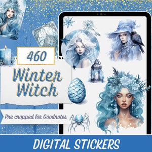 Witchy Planner Stickers Digital, Winter Witch Digital Stickers, 462 Blue Goth Planner Stickers, GoodNotes Digital Sticker Pack