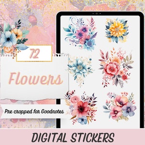 72 Flowers Digital Stickers, Aesthetic Floral Digital Sticker Pack, Goodnotes Sticker Book, iPad Png, Flower Stickers