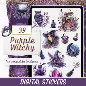 Purple Witchy GoodNotes Stickers, 39 Enchanting Digital Planner Stickers Pack, Mystical PNG Files, Witchcraft Stickers