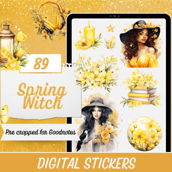 Spring Witchy Planner Stickers, Witchcraft Digital Planner Stickers, 89 Yellow Witchy Stickers, GoodNotes Digital Sticker Pack