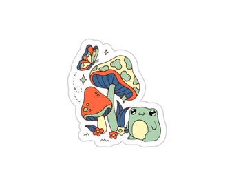 Frog Under Mushroom Sticker, Cottagecore Toadstool, Trippy Vinyl