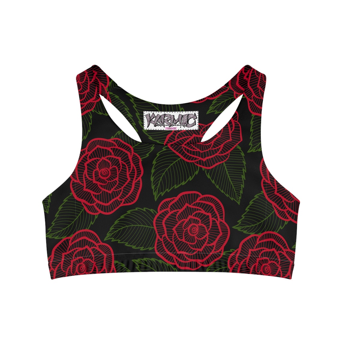 Red Rose Flower Print Sports Bra