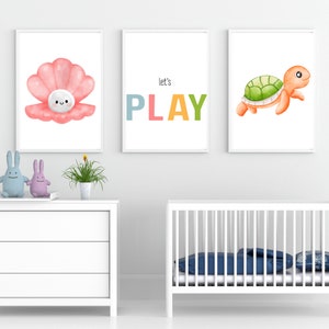 Cartel de Juguemos para niños, decoración de la habitación de los niños, decoración de la sala de juegos, cartel de juguemos, cartel temático del océano, tortuga, cartel de Montessori, carteles para niños
