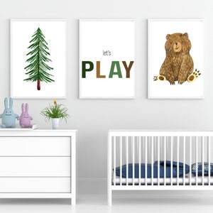 Cartel de Juguemos para niños, decoración de la habitación de los niños, decoración de la sala de juegos, cartel de juguemos, cartel del oso, tema de Forrest, cartel de Montessori, carteles para niños