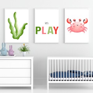 Cartel de juguemos para niños, decoración de la habitación de los niños, decoración de la sala de juegos, cartel de juguemos, cartel temático del océano, cangrejo, cartel de Montessori, carteles para niños
