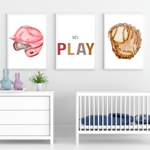 Cartel de Juguemos para niños, decoración de la habitación de los niños, decoración de la sala de juegos, cartel de juguemos, cartel de deportes, tema de béisbol, cartel de Montessori, carteles para niños