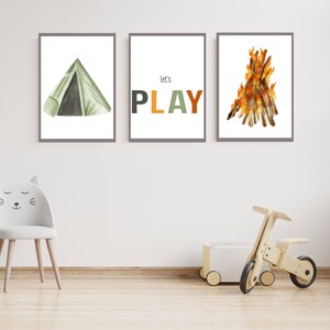 Cartel de Juguemos para niños, decoración de la habitación de los niños, decoración de la sala de juegos, cartel de juguemos, cartel de camping, fogata, tienda de campaña, cartel de Montessori, carteles para niños