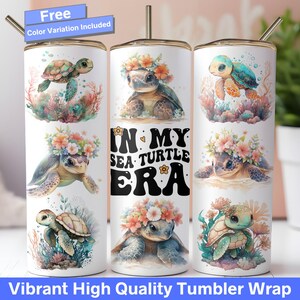 Sea Turtle Tumbler Wrap, In My Sea Turtle Era 20 oz Skinny Tumbler Seamless Sublimation Design Watercolor Sea Turtle Lover PNG Colorful