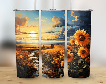 Sunflower Tumbler Design Golden Hour Sunflowers 20 oz Skinny Tumbler Sublimation Design Tumbler Wrap Png Instant Digital Download PNG