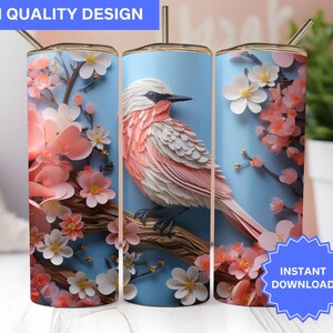 3D Tumbler Wrap 3D White Robin Cherry Blossoms Pink 20 oz Skinny Tumbler Sublimation Design Tumbler Wrap Png Instant Digital Download PNG