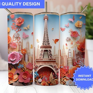 3D Eiffelturm Blumen Quilling Tumbler Wrap Design 20 oz Skinny Tumbler Sublimation Design Tumbler Wrap Png Sofortiger digitaler Download
