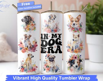Puede incluir: Un juego de tres vasos blancos con diferentes diseños de perros en acuarela y detalles florales. Los vasos presentan el texto "In My Dog Era".