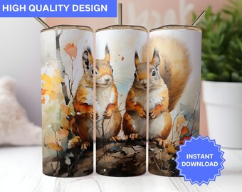 Design de Tumbler de Outono Esquilos Tinta Álcool 20 onças Skinny Tumbler Design de Sublimação Tumbler Wrap Png Download Digital Instantâneo png