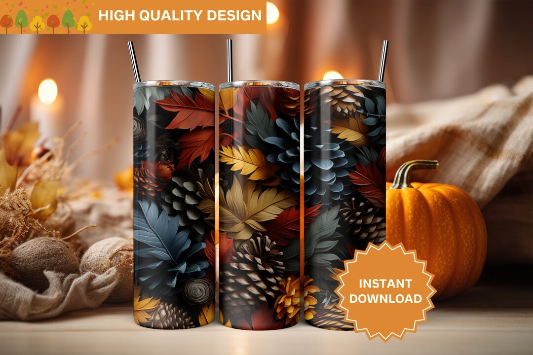 3D Autumn Leaves and Pinecones Seamless Fall Tumbler Wrap 20 Oz Skinny ...