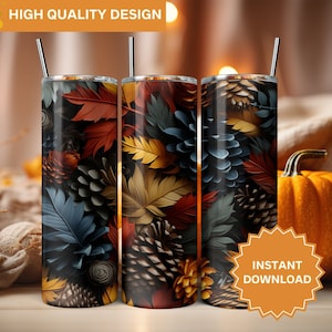 3D Autumn Leaves and Pinecones Seamless Fall Tumbler Wrap 20 oz Skinny Tumbler Sublimation Design Tumbler Wrap Png Instant Digital Download