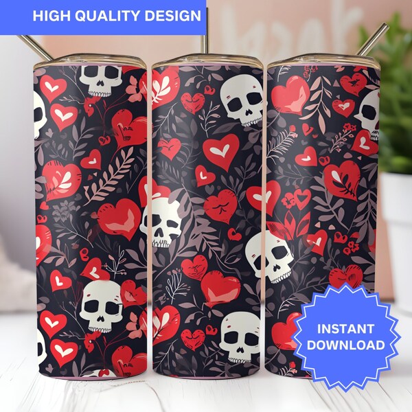 Gothic Skull and Red Heart Tumbler Wrap, Digital Download, Seamless Pattern, Unique Tumbler Design, Skull Love Theme, Dark Aesthetic PNG