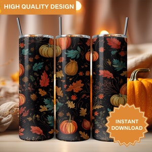 Fall Pumpkins Autumn Leaves Seamless PNG Fall Tumbler Wrap 20 oz Skinny Tumbler Sublimation Design Tumbler Wrap Png Instant Digital Download